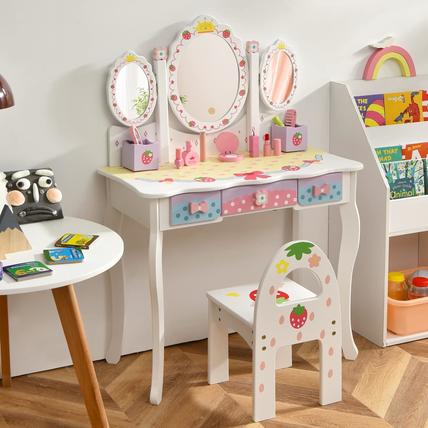 Image of Kids Vanity Table And Chair Set, 2in-1 Makeup Dressing Table With Detachable Tri-folding Mirror And Storage Drawers, Pretend Kids Vanity Set For Little Princess, White