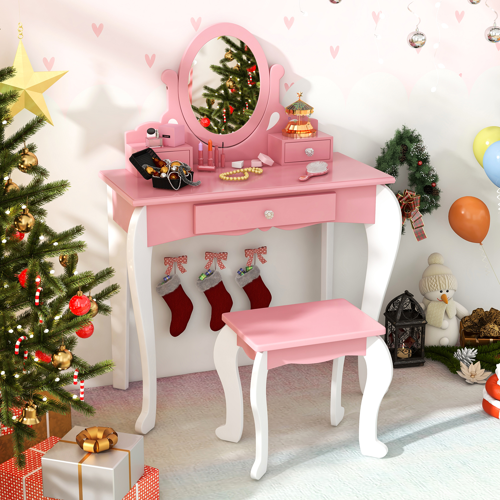 Image of Kids Vanity Table And Chair Set, 2-in-1 Makeup Dressing Table With Detachable Rotatable Mirror And Storage Drawers, Pretend Kids Vanity Set For Little Princess, Pink