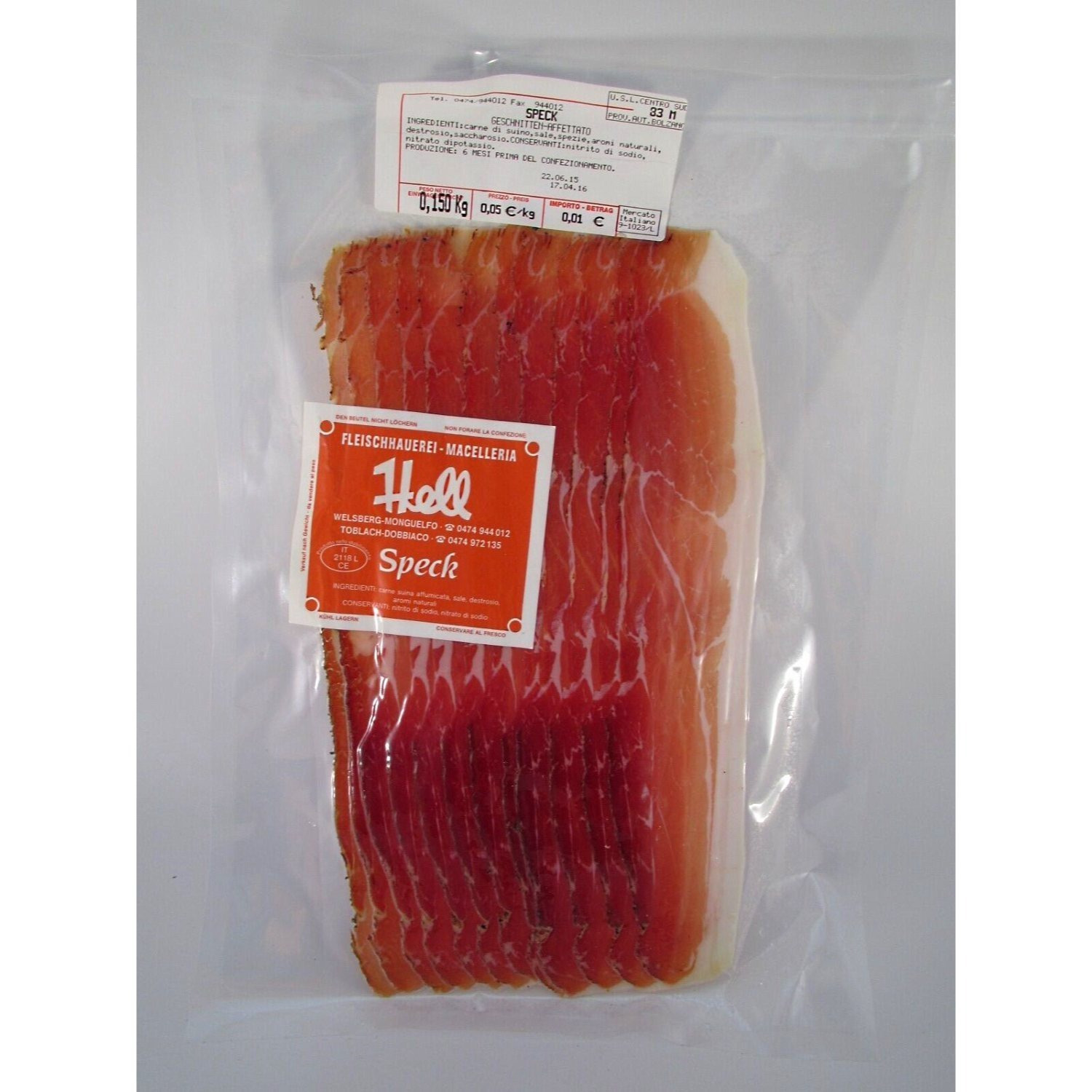 E-shop Schinken Speck geschnitten ca. 150 gr. - Metzgerei Hell