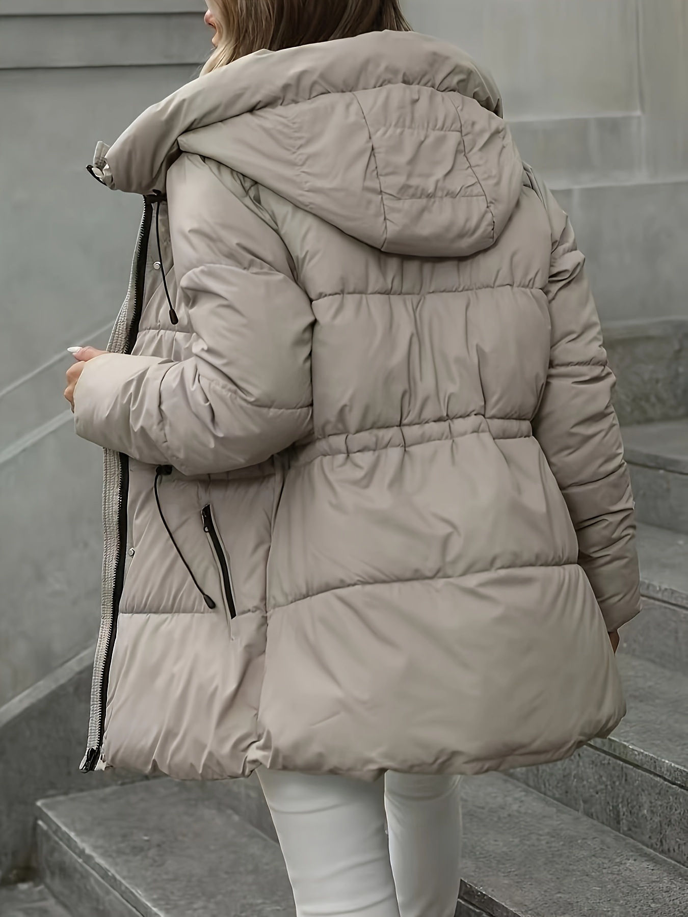 womens thickened warm hooded jacket for autumn winter featuring zipper fashionable casual adjustable waistband   length puffy coat suitable for cold autumn winter days daily commuting outdoor activities details 2