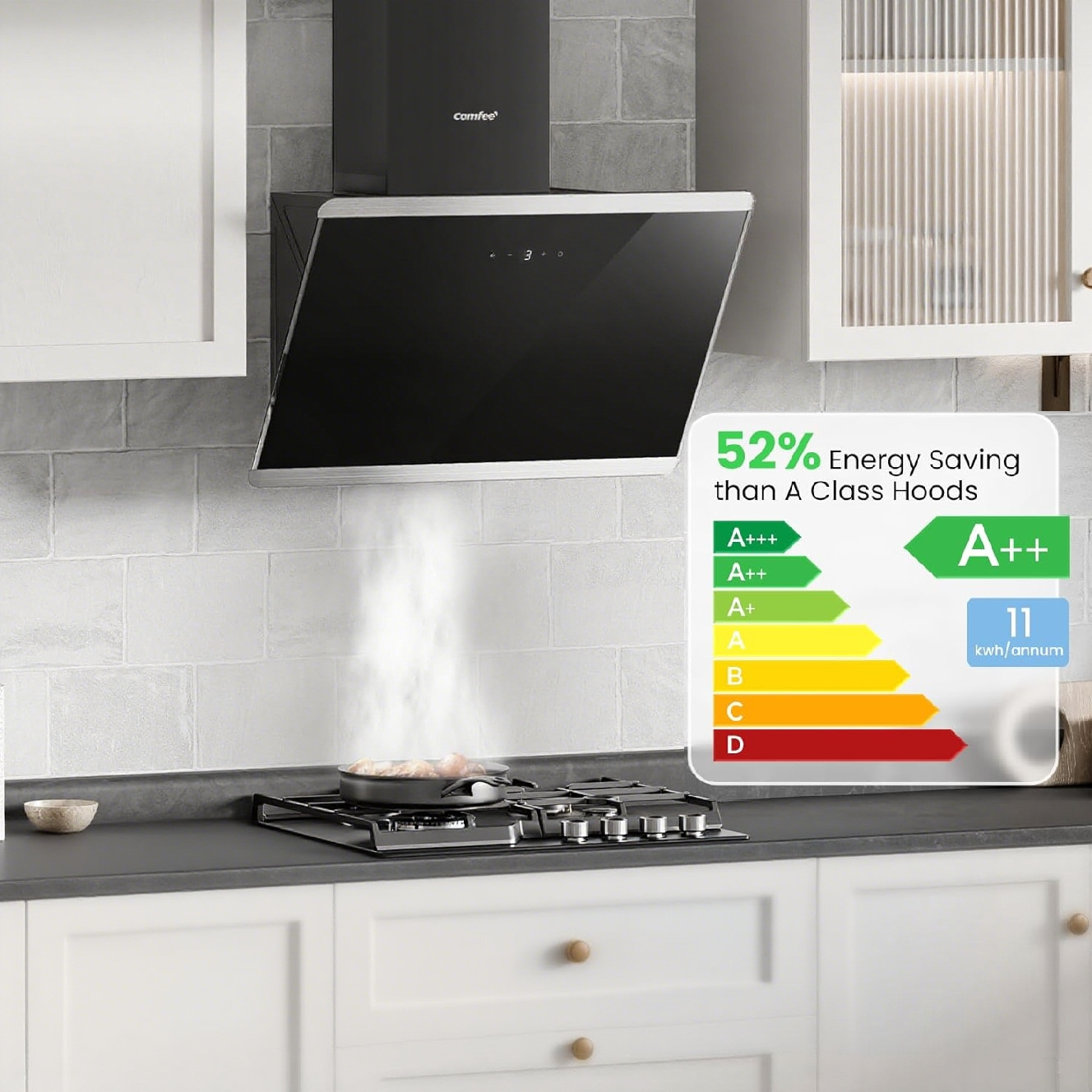 Midea COMFEE' 60cm Angled Cooker Hood (Black) – A++ Energy Class Tempered Glass Extractor with Touch Screen, LED, Recirculating & Ducting System, Wall-Mounted Kitchen Fan, Great for Home Cooking Spaces