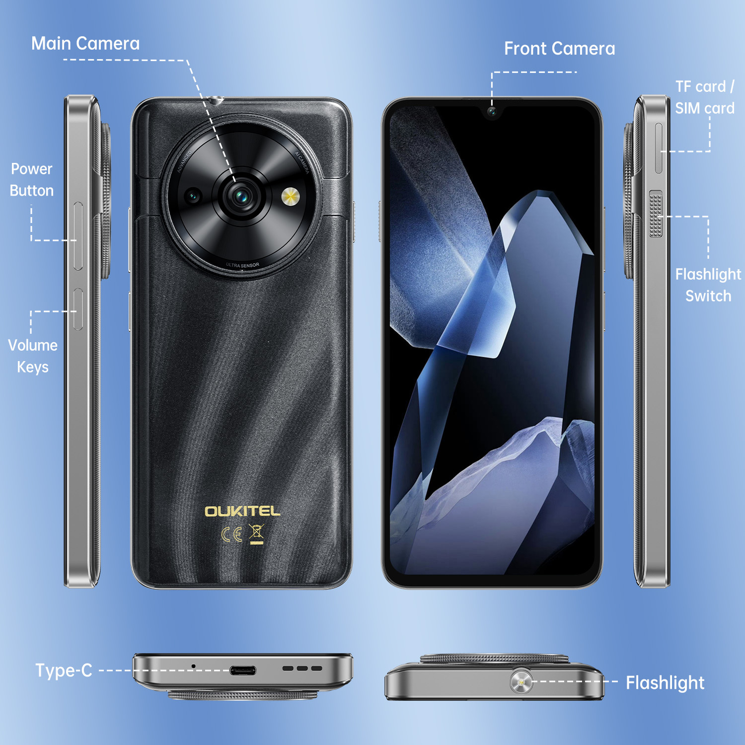 OUKITEL C59 Pro Android15 Big battery Mobile Phones - 10000mAh Large battery Smartphone,24(8+16)GB RAM+256GB ROM+1TB,120LM Flashlight,6.88