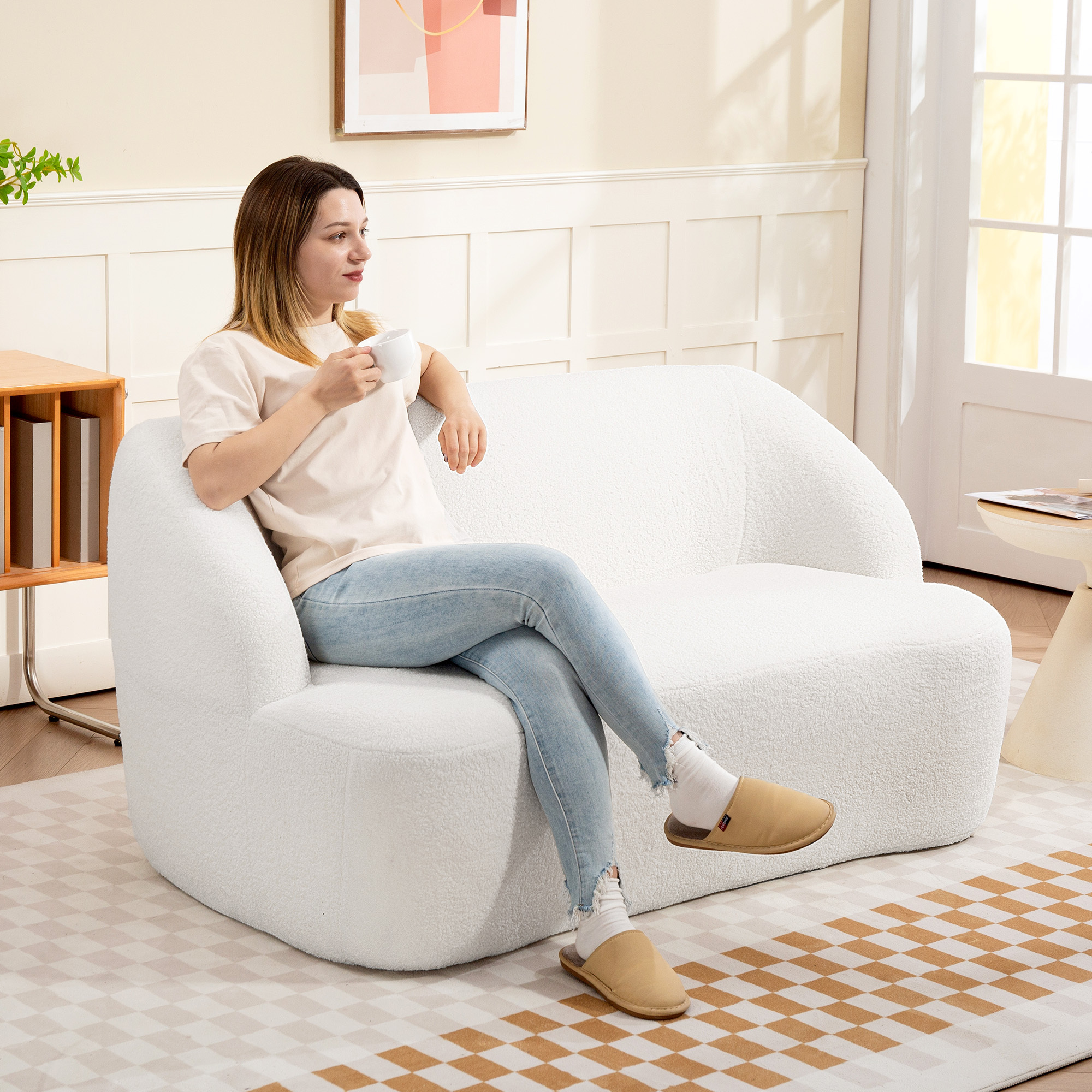 Image of Sofa Armchair Couch Upholstered Sofa With Armrest, Swinging Design, Modern Sofa With Velvet Optics, Lounge Sofa For Living Room, No Cream White