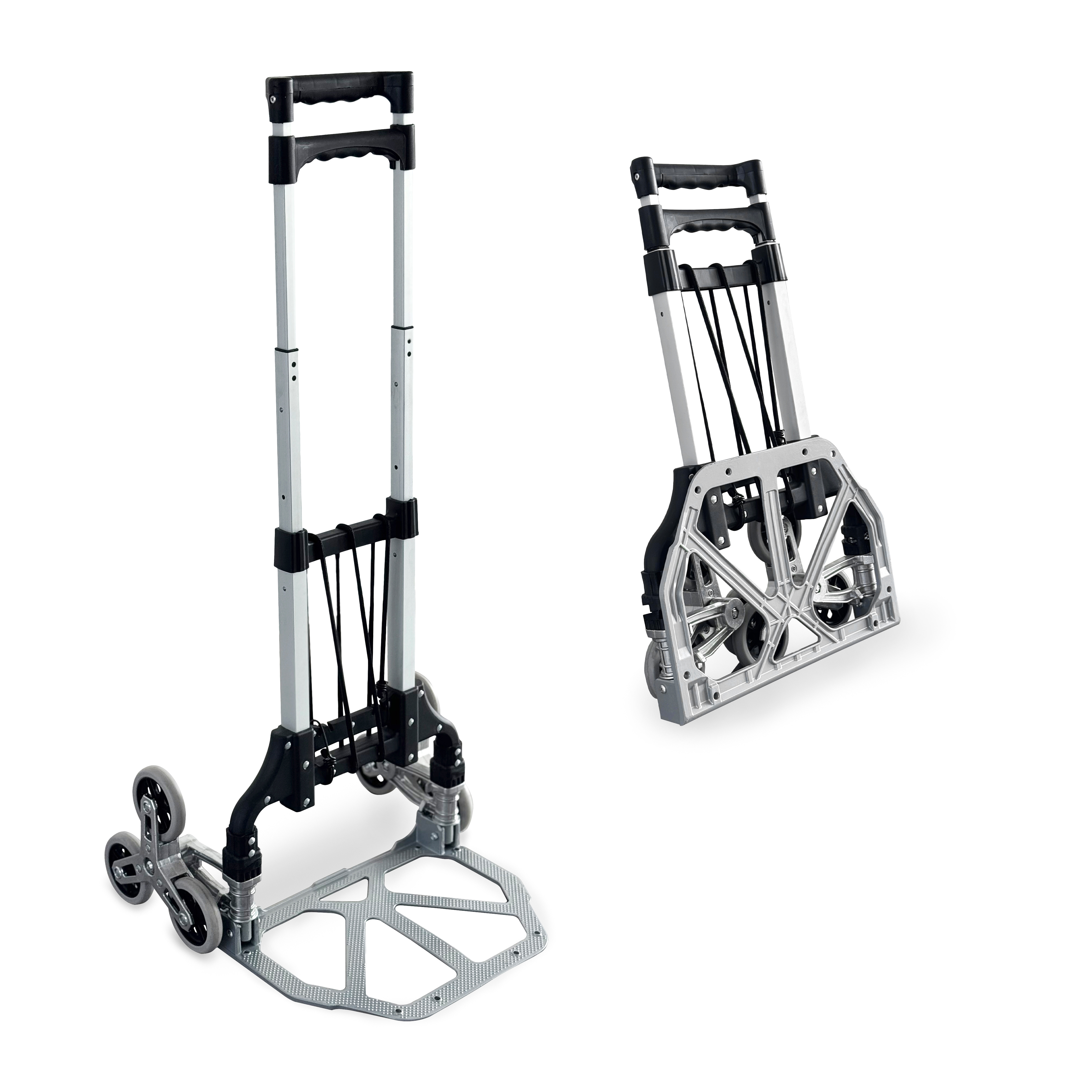 E-shop Sackkarre Treppensteiger Aluminium , sternförmige Räder, 70 kg Tragkraft, Anti-Rutsch Ladeschaufel, Expanderseil, Teleskopgriff, pannensichere