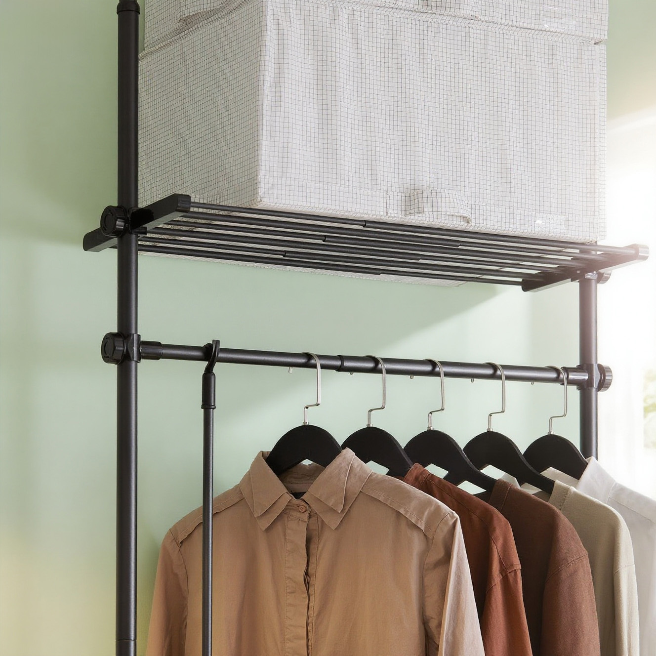 Image of 1 Piece Telescopic Sturdy Clothes Hanger - Adjustable Open Garment Rack With Bars And Shelves, Coat Holder For Bedroom/changing Room, Black - Sobuy Lmt18-