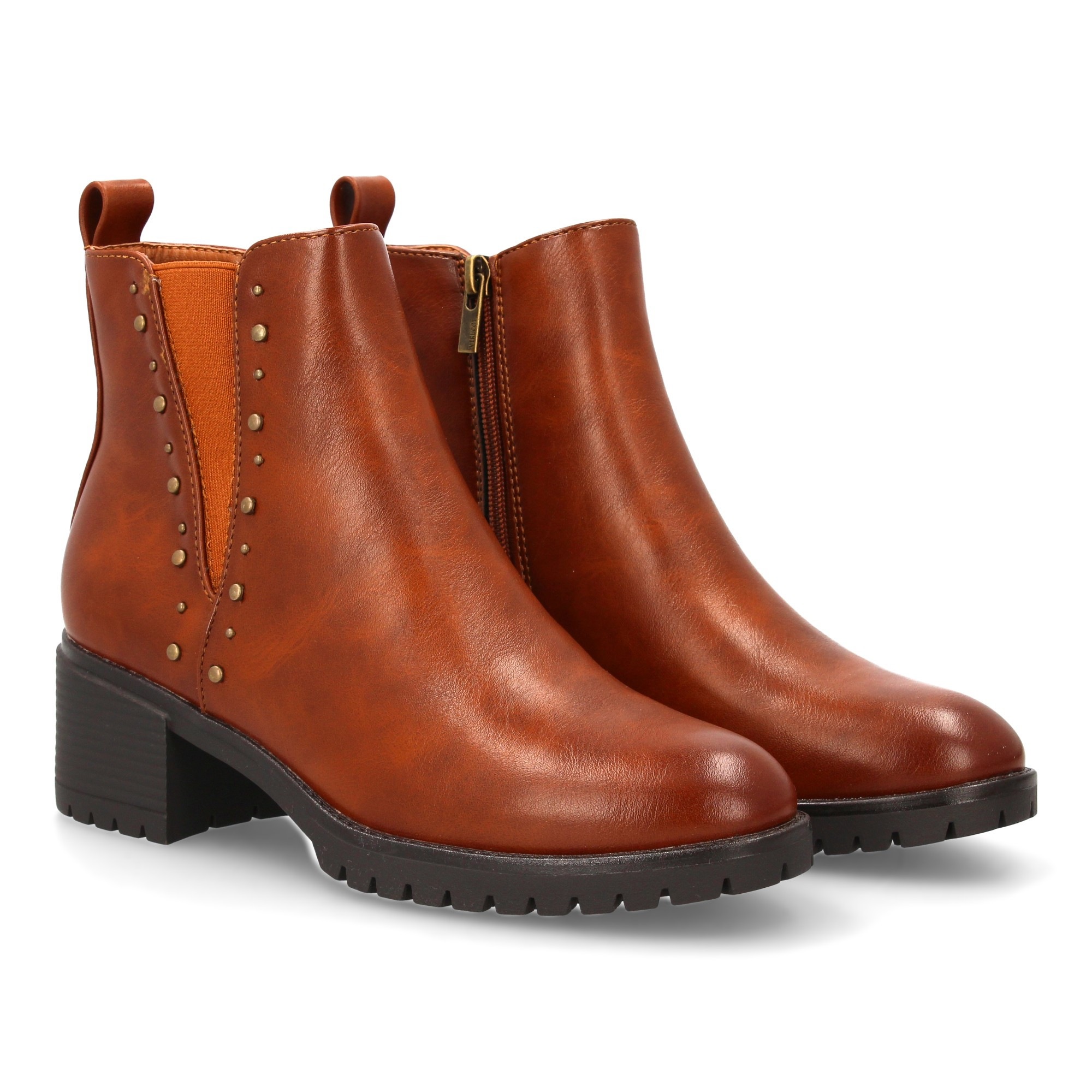 Women's Chelsea-style Boot, No Print, With Wide Heel And Serrated Sole, Studded And Elastic Decoration. Ideal For Women's Autumn-winter Season.