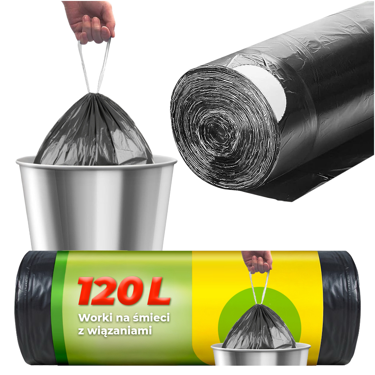 Image of 60l Heavy-duty Tie-string Trash Bags, 1 Roll