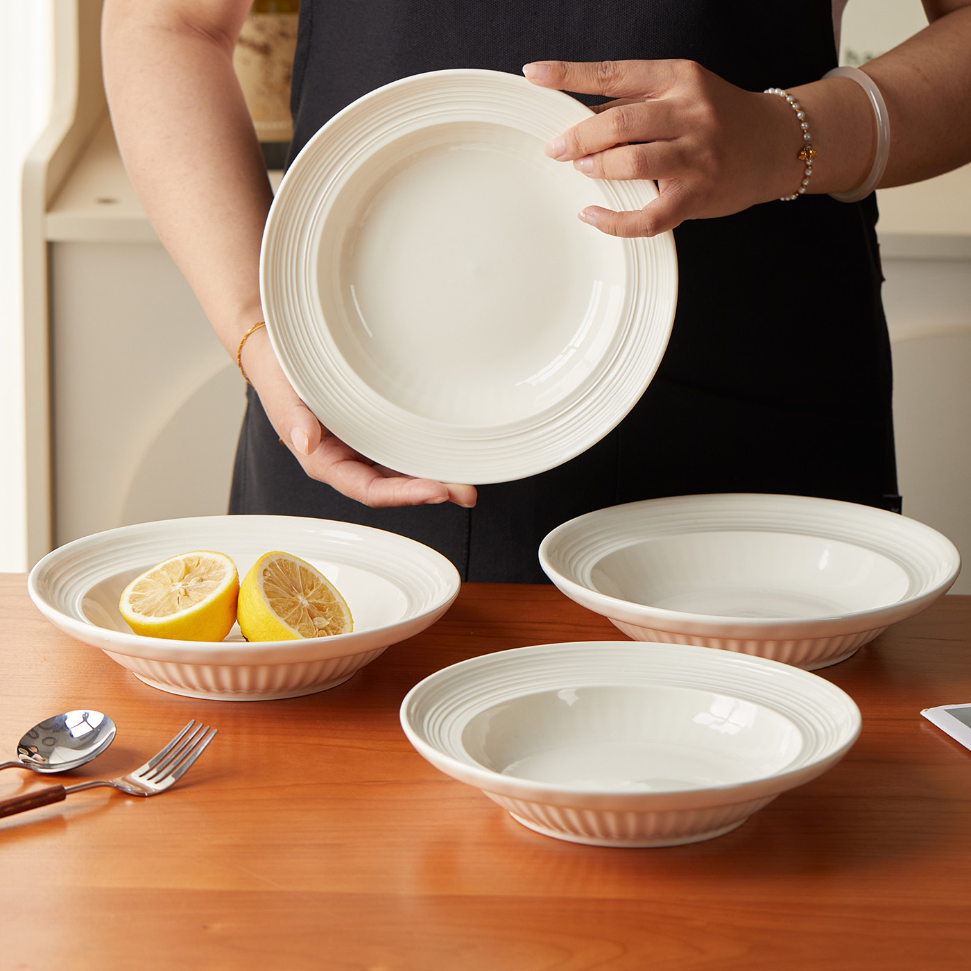 TEMU Juego de Comedor de Cerámica para 4 , Ø20.3Cm, 8 Pulgadas, , Cubiertos, Platos Planos, Platos de Ensalada, Platos de Postre, Platos de Pan,