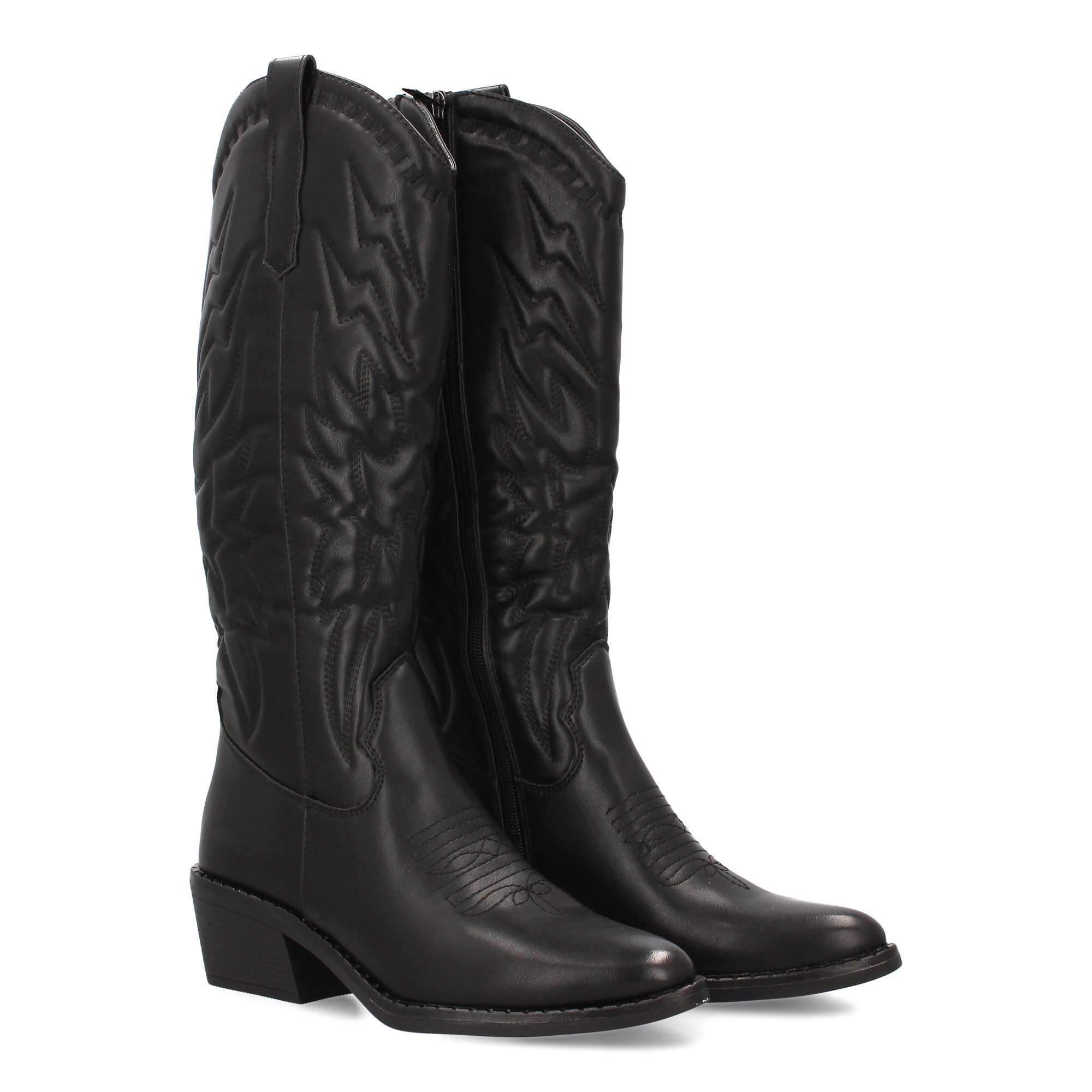 Image of High-shaft Women's Boot With Embroidered Cowboy-style Embellishments. Low Heel And Solid Print. Ideal For Women's Fall-winter Season