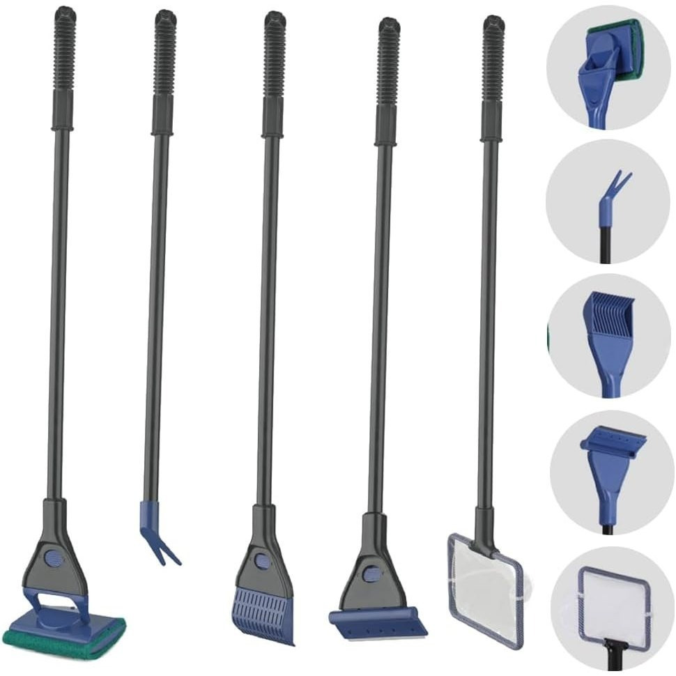 TEMU Kit de Limpieza para Acuarios 5 en 1 Herramientas con Mango Largo 60cm, Red para Peces, de , Rascador de , Esponja y Tenedor para Plantas