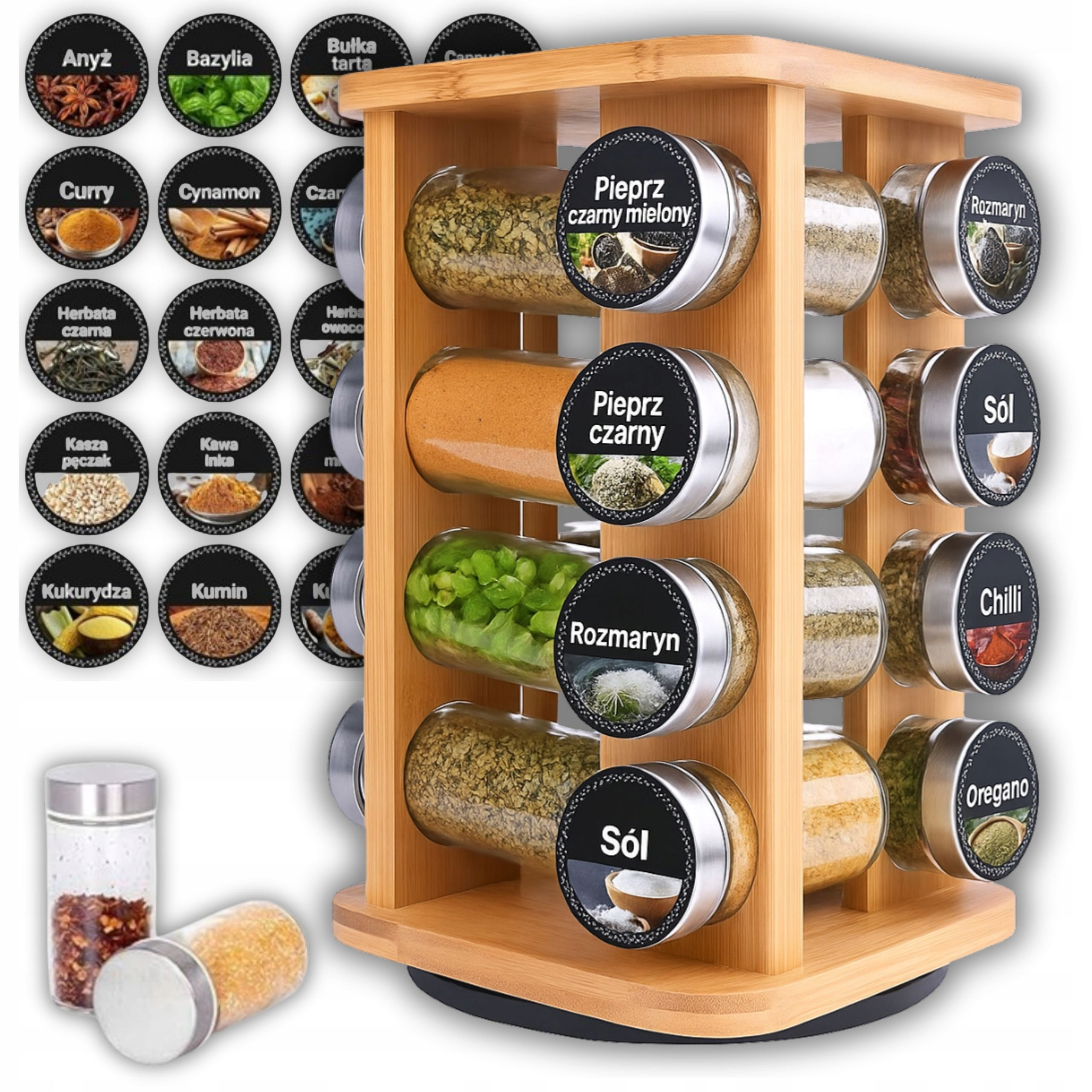 Organizador de Especias de Bambú Giratorio 360° – Juego de 16 Tarros de Vidrio con Tapa...