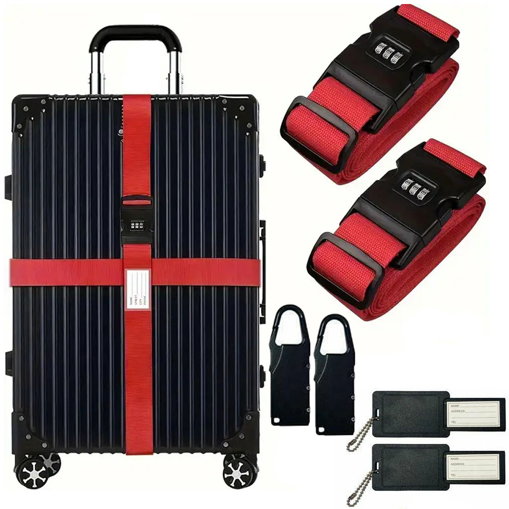 TEMU Faboer 2-piece Travel Luggage Set – Suitcase Strap With Combination Lock & Luggage Address Tag, Durable, Anti-theft, Adjustable Safety Straps |
