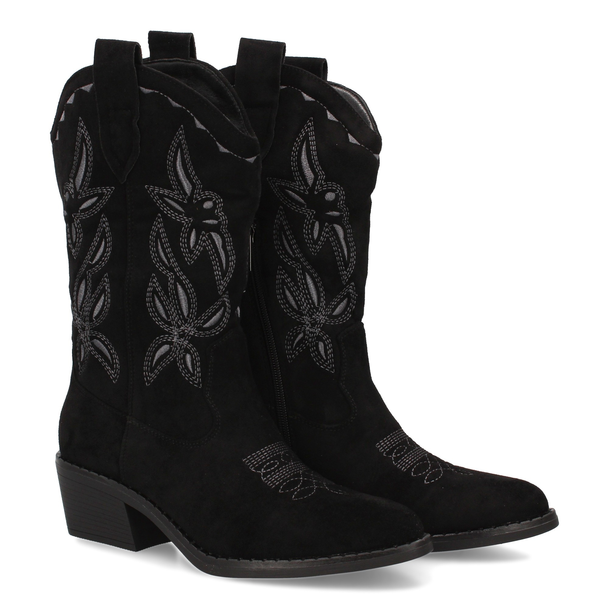 Image of Women's Mid-calf Boot With Embroidered Cowboy Design, Wide Heel, And Pointed Toe. Zipper Closure, Ideal For Fall/winter Season