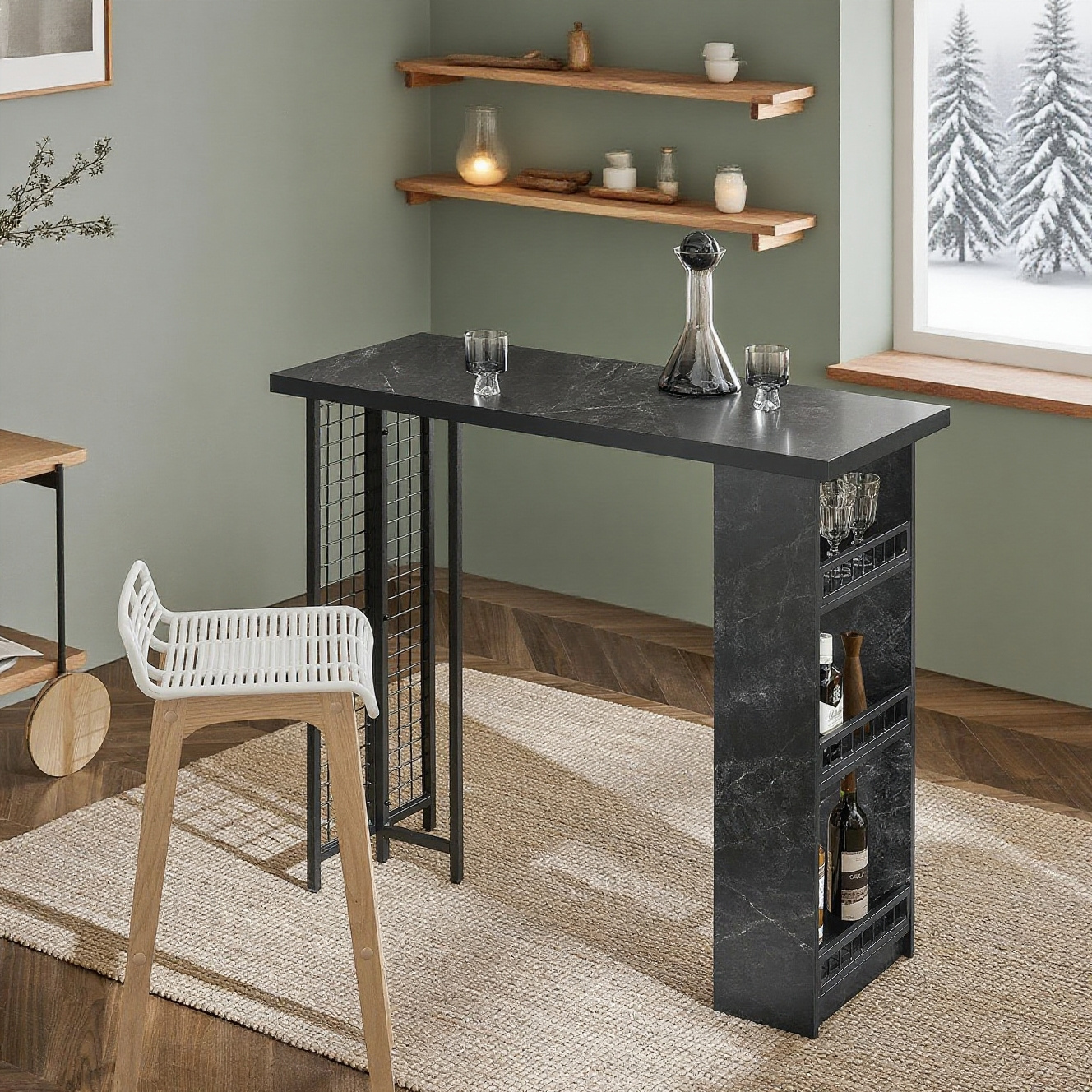 TEMU 1pc Bar Bistro Table With 3 Shelves, High Kitchen Table With Storage Surfaces, Table For Kitchen, Dining Room, And Living Room, Marble Effect,