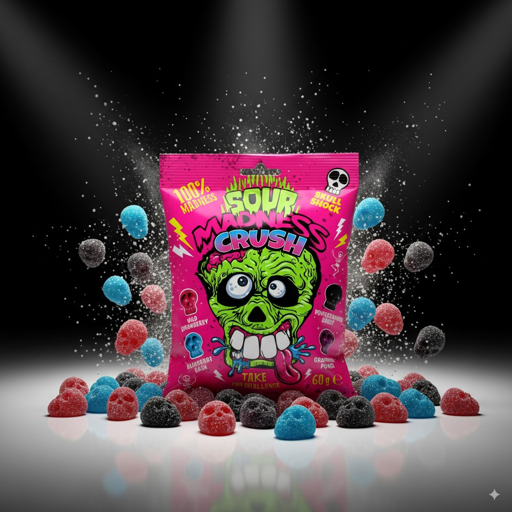 Sour Madness Crush Shock Sweets 60g - Argo Confectionery, Extremely Sour Fruit Sweets, 4 Varieties