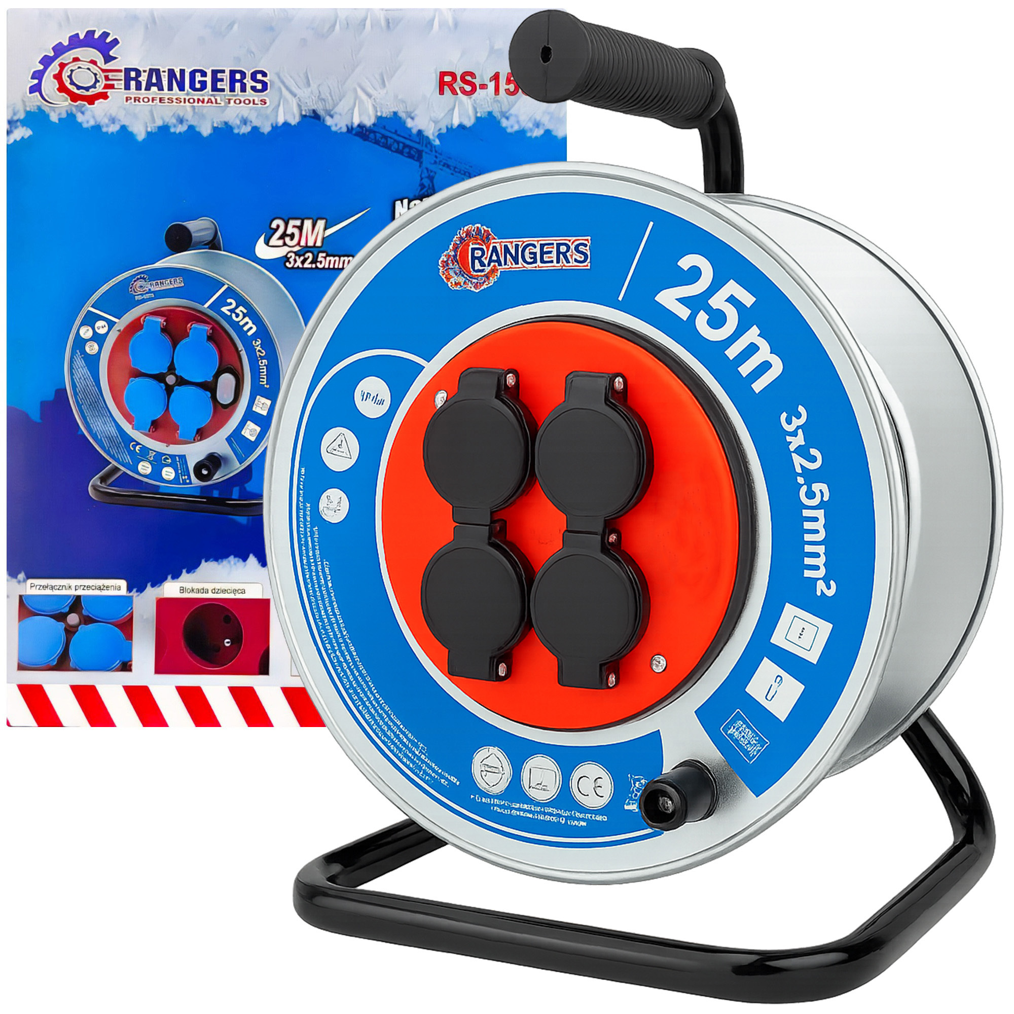 TEMU Electric Reel Extension Cord 25m 3x2.5mm² Metal Reel | Extension Cord For Home And Construction Power | Power Strip | For Garden, Workshop,