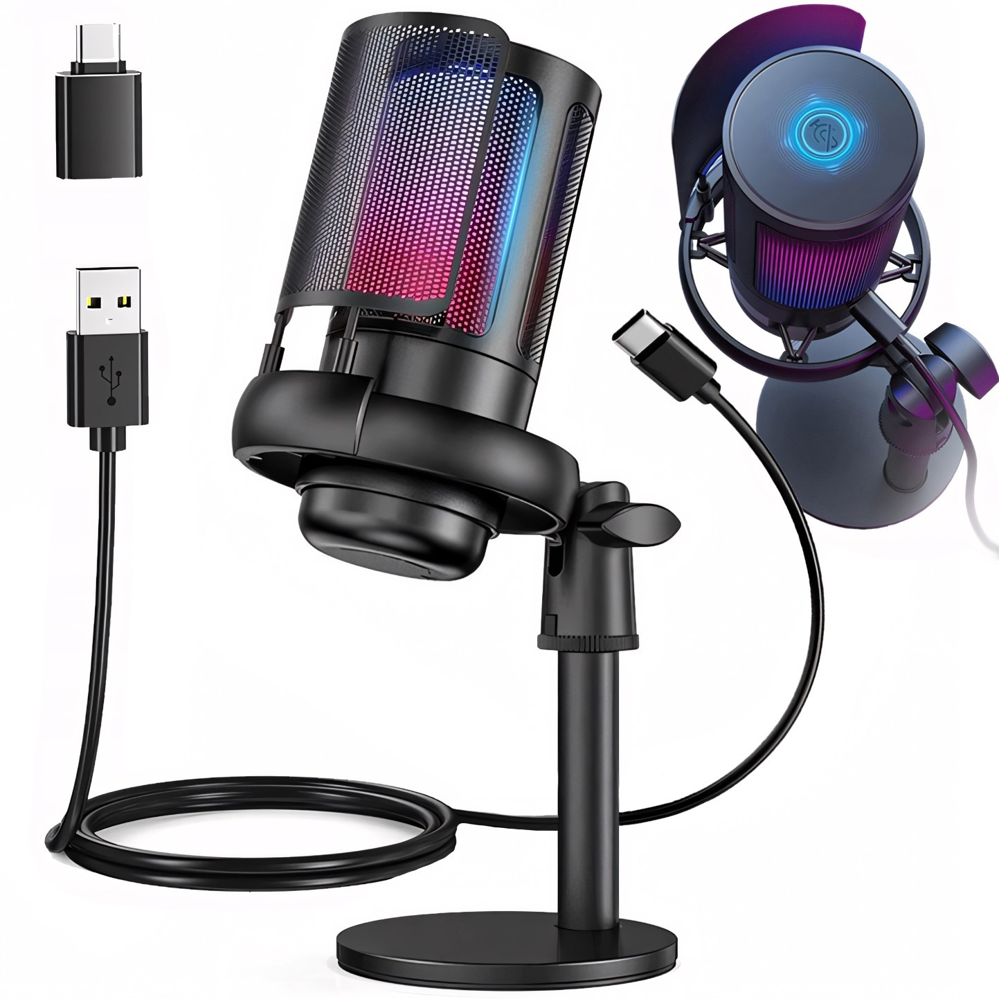 TEMU Gaming-Mikrofon RETOO Techpro, USB-zu-Computer-Kapazität mit Popfilter, Kondensatormikrofon mit Schnellstummsfunktion und Lautstärkeregelung,