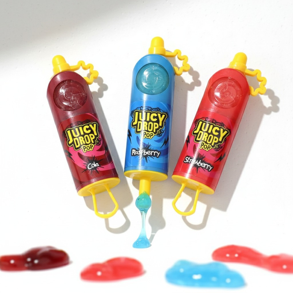Bazooka Juicy Drop Pop Lollipop With Sour Gel – Various Flavors Cola, Raspberry & Strawberry – 26g