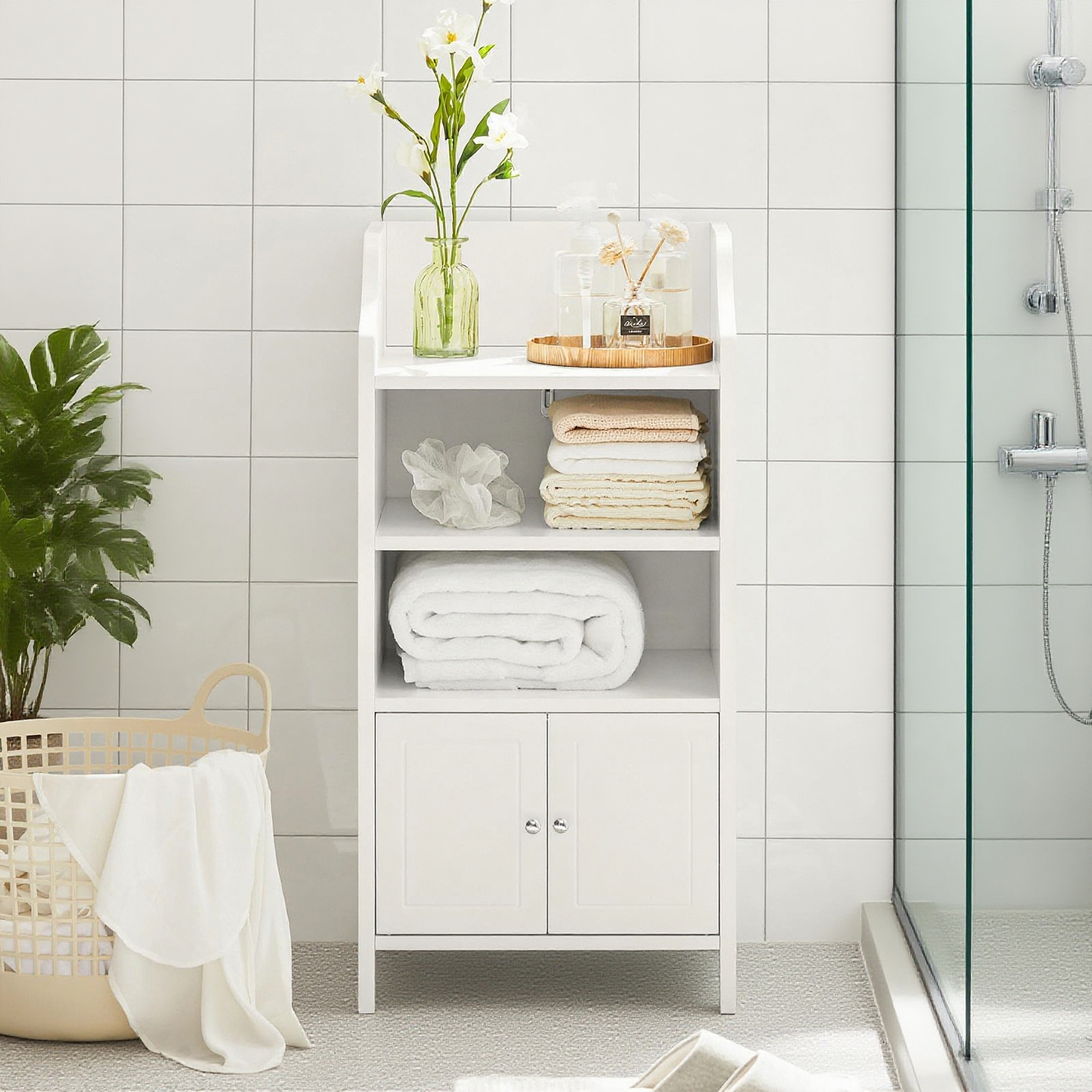 Image of 1-piece Bathroom Base Cabinet With 3 Shelves And 2 Doors, White, 41x36x86 Cm - Cas67-x