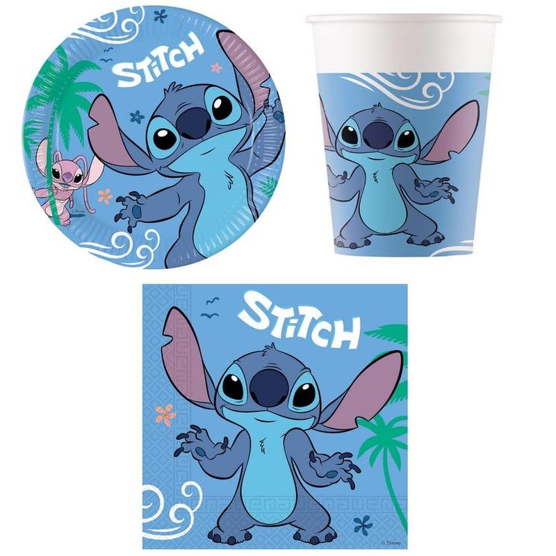 Image of Stitch - 8-person Party Set With Table Decorations For Birthday Celebrations, Including 8 Plates, 8 Glasses, And 20 Napkins