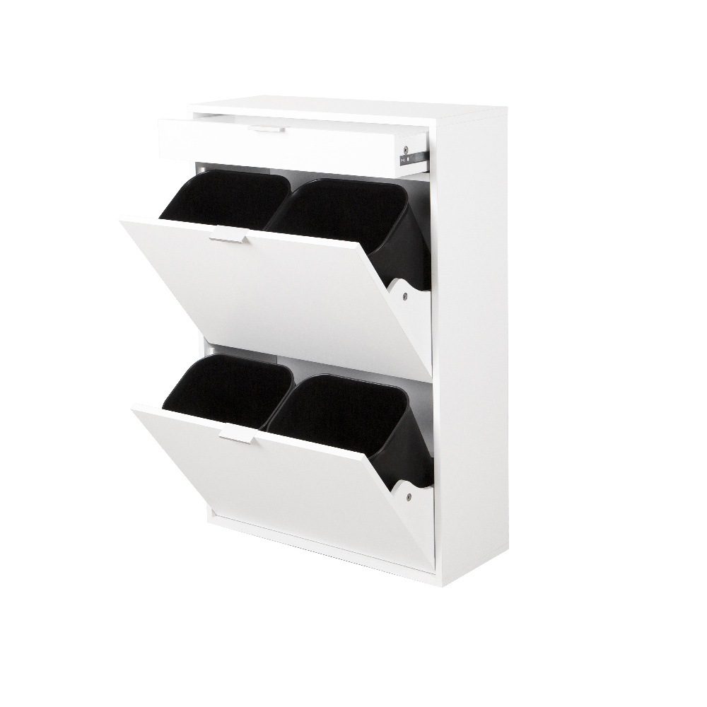 Image of Versatile Trash Can Cabinet With 4 Waste Bins, Drawer, And Wall-mount Option – Practical Waste Sorting System And Storage Solution For Your Kitchen Or Any Room, . 62 X 25 X 90 Cm – White