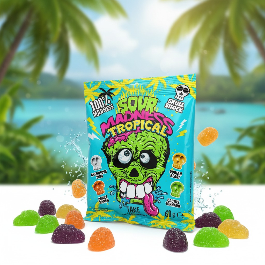 Sour Madness Tropical 60 G – Extra Saure Fruchtbonbons (cherimoya, Mango, Durian, Cactus)