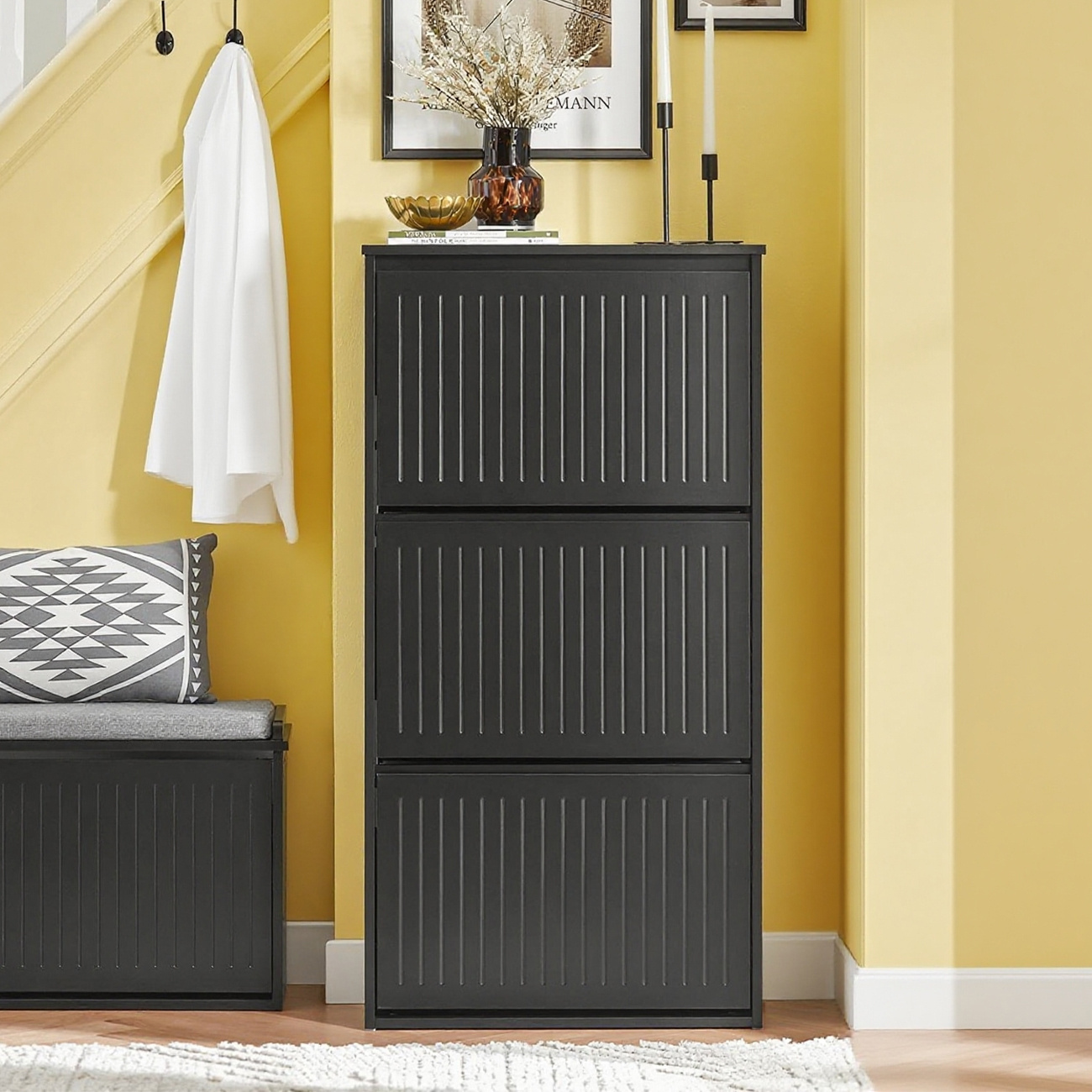 Image of 1pc Of Shoe Cabinet Entrance Cabinet For Storing Shoes With 3 Doors For Small Entrance Hallway, Black, Lph 61x26x120 Cm, - Sobuy Gts276-i-