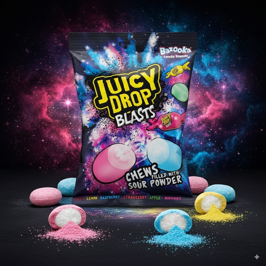 Juicy Drop Blasts 120 G | Chewy Sour-filled Fruity Candies By Bazooka – Intense Sour Power