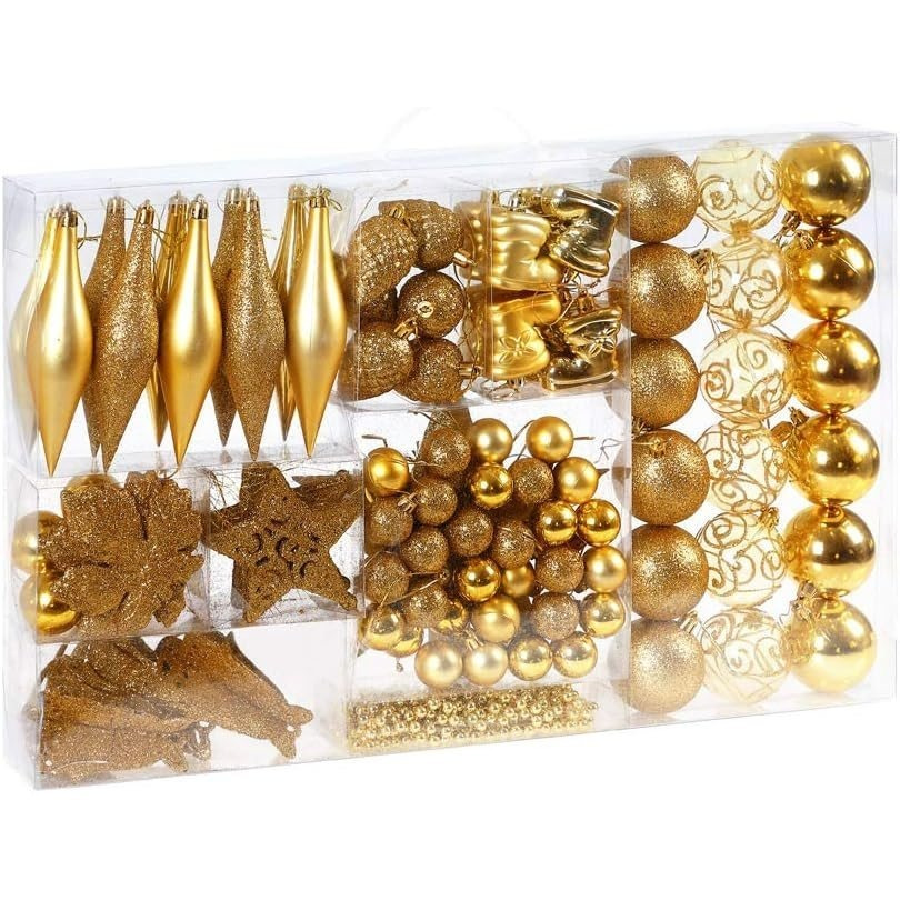 TEMU Bakaji Christmas Tree Ornaments And Balls Mega Pack 102-piece Set With Decorations, Balls, Stockings, Stars, Pinecones, And Holiday Decor (gold)