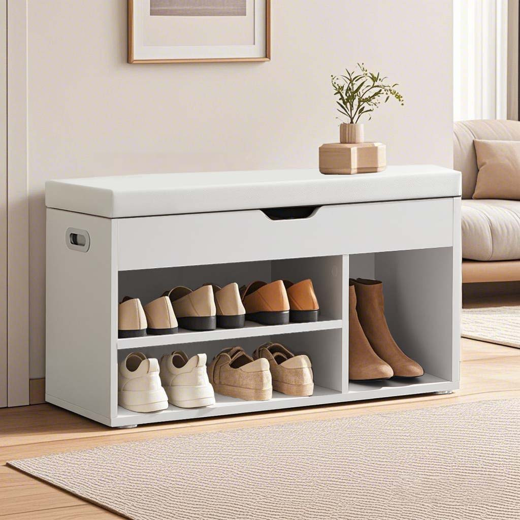 E-shop Vielseitiger Schuhwechselhocker mit Sitzfläche, 30 x 80 x 44 cm,Schuhbank Sitzbank mit Stauraum, gepolstert, 3 offene Fächer, Schuhregal für
