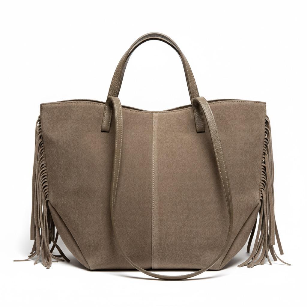 Women'S Fringed Leather Shopping Bag - Elegant, Spacious, with Double Handles And Adjustable Side Buttons