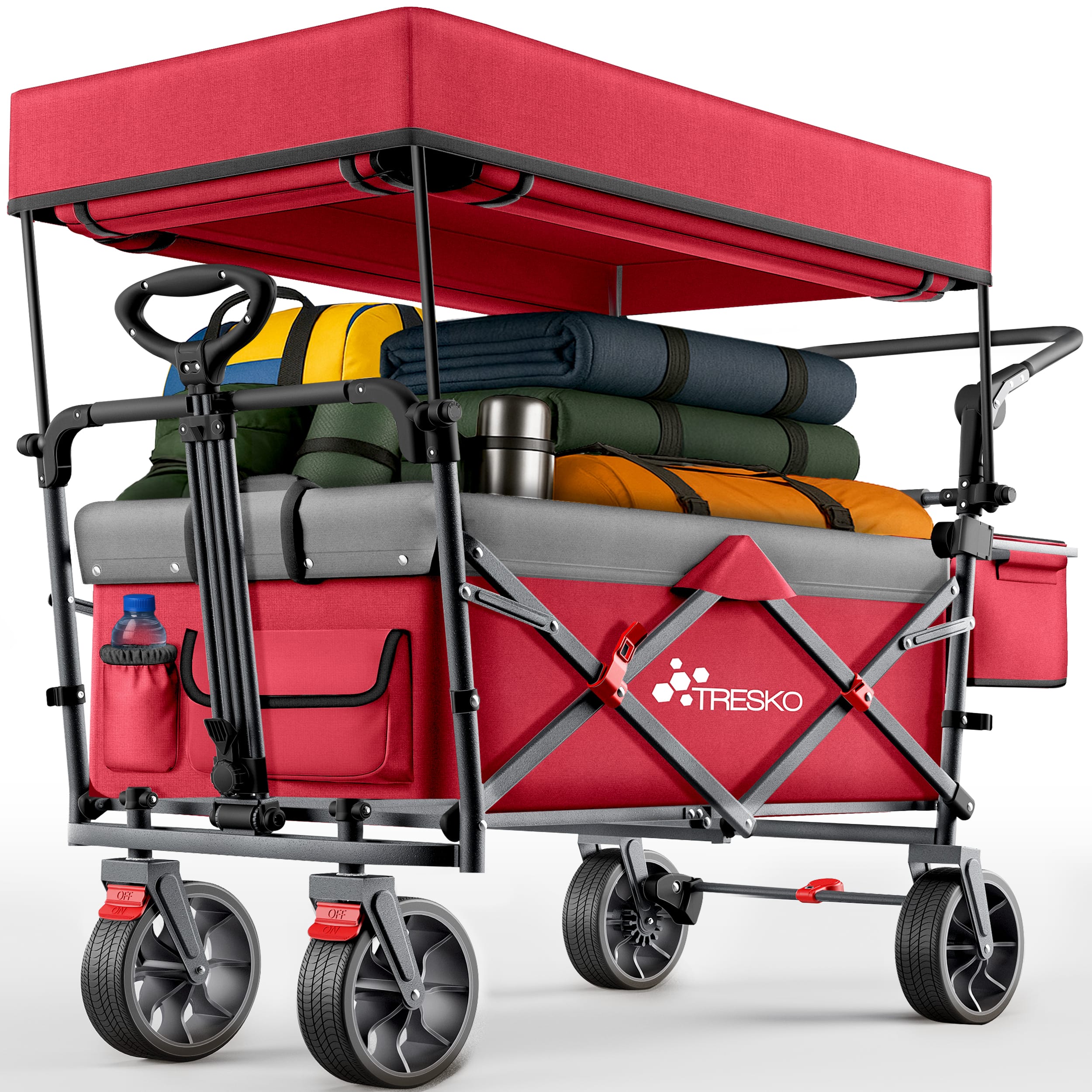 TRESKO® Hopfällbar Handkärra med Tak, Kylfack & Sidorullgardiner | Max. Belastningskapacitet upp till 150 kg | XXL Transportvagn med Parkeringsbromsar ( & Bak) för Att Skjuta och Dra
