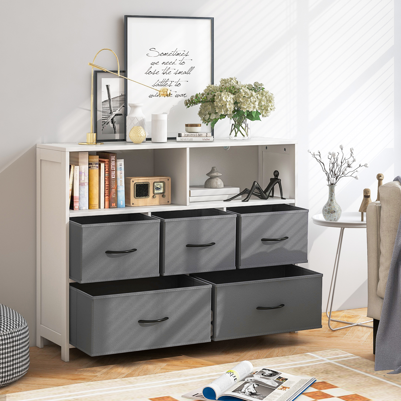 Image of 5-drawer Chest Of Drawers, Chest Of Drawers With 2 Large Fabric Containers And 3 Medium Containers, For Home With Folding Fabric Boxes