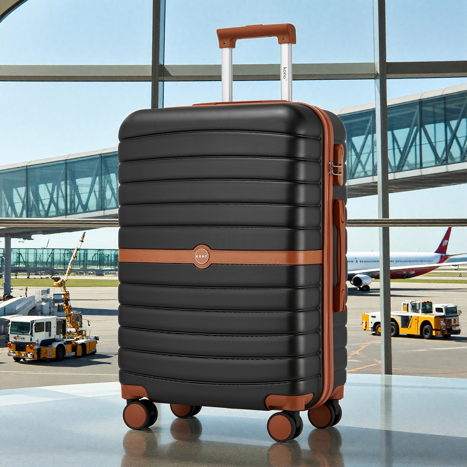 E-shop Kono Koffer, 20 Zoll, 24 Zoll, 28 Zoll, ABS+PC, Camping-Gestreiftes Design mit Farbblock-Details, Hartschale mit Spinner-Rollen, Black Friday,