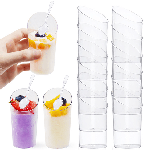 50pcs mini angled dessert cups with spoon 80ml high tapered cup ergonomic cylindrical dessert cup stackable design for space saving reusable dessert display stand student crispy yogurt cups
