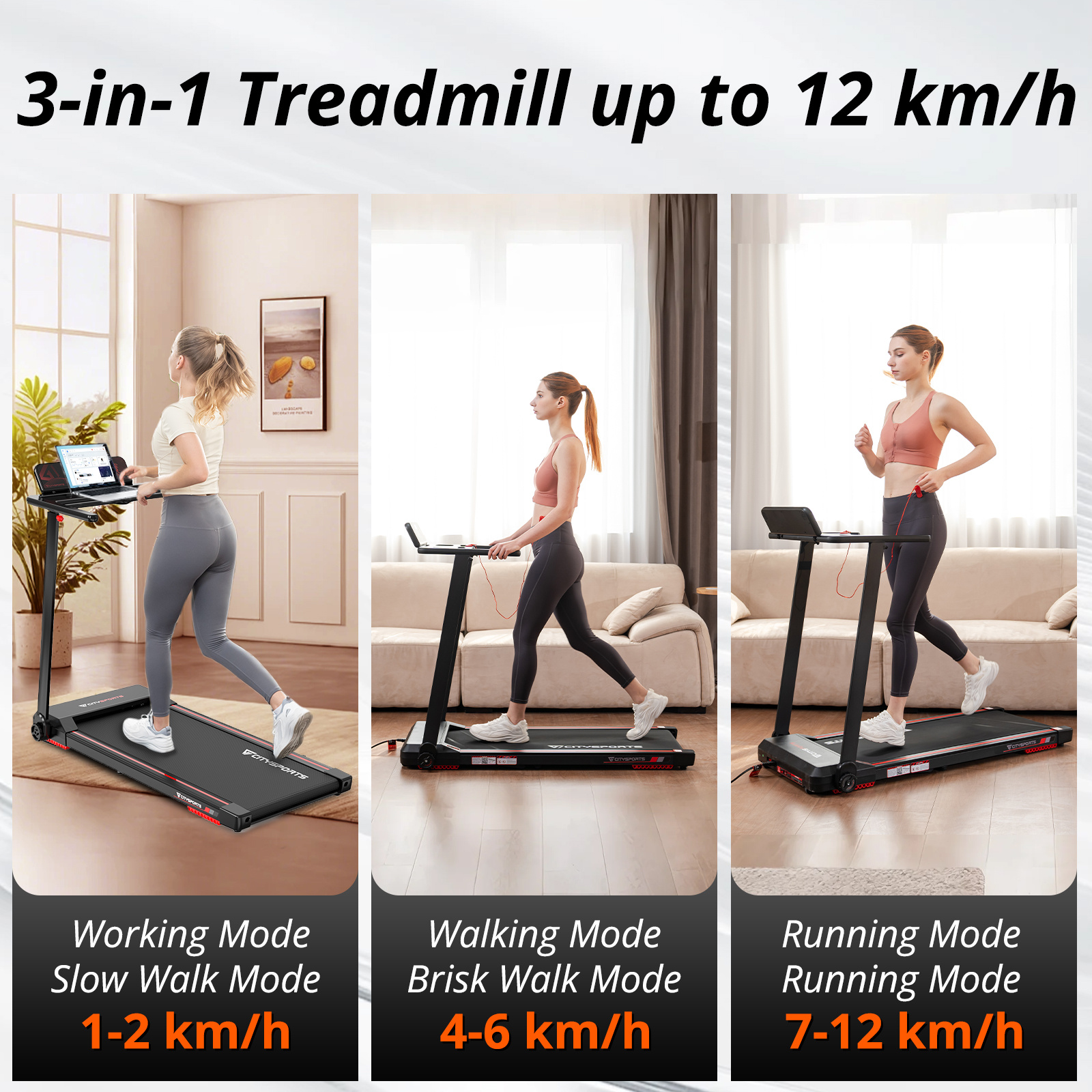 CITYSPORTS Folding Treadmill, Under Desk Walking Pad, Portable Treadmill for Home, 1-12km/h, 7.7% Incline, LED Display