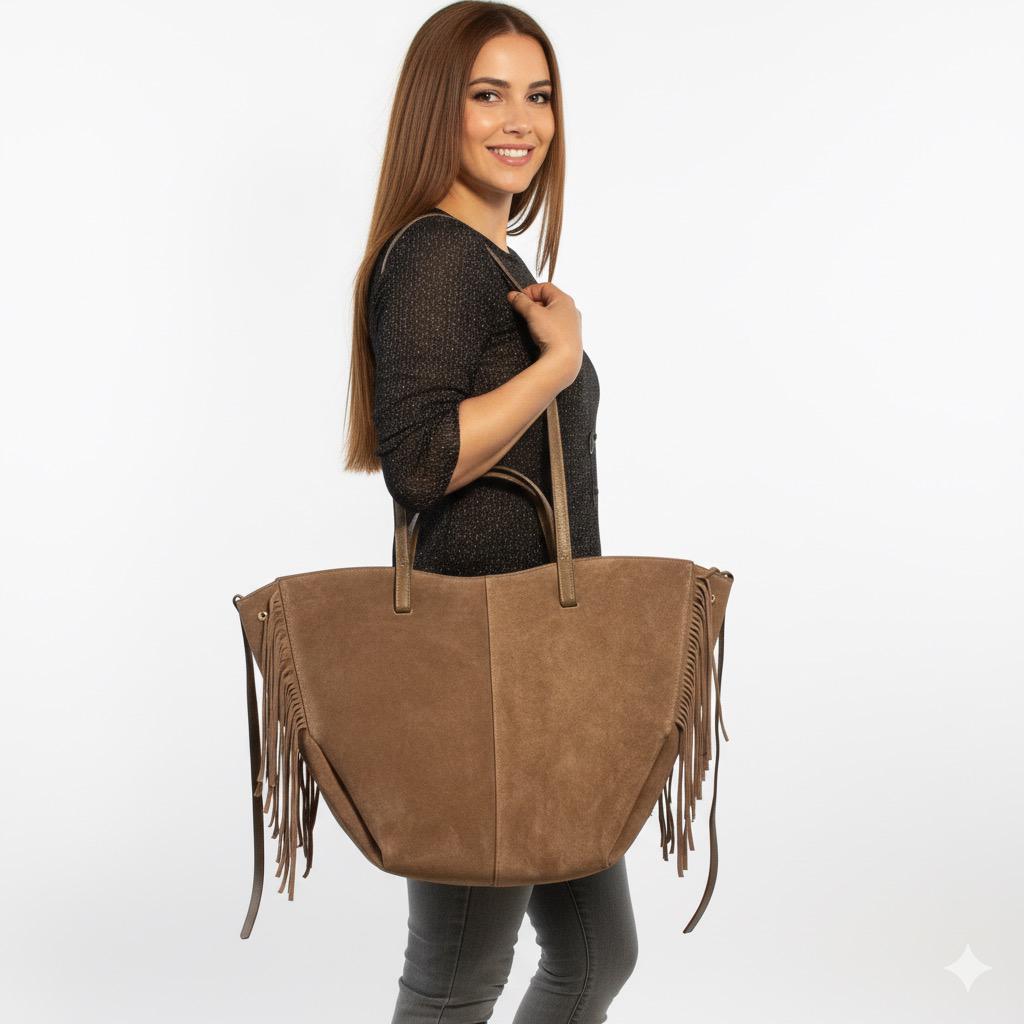 Women'S Fringed Leather Shopping Bag - Elegant, Spacious, with Double Handles And Adjustable Side Buttons