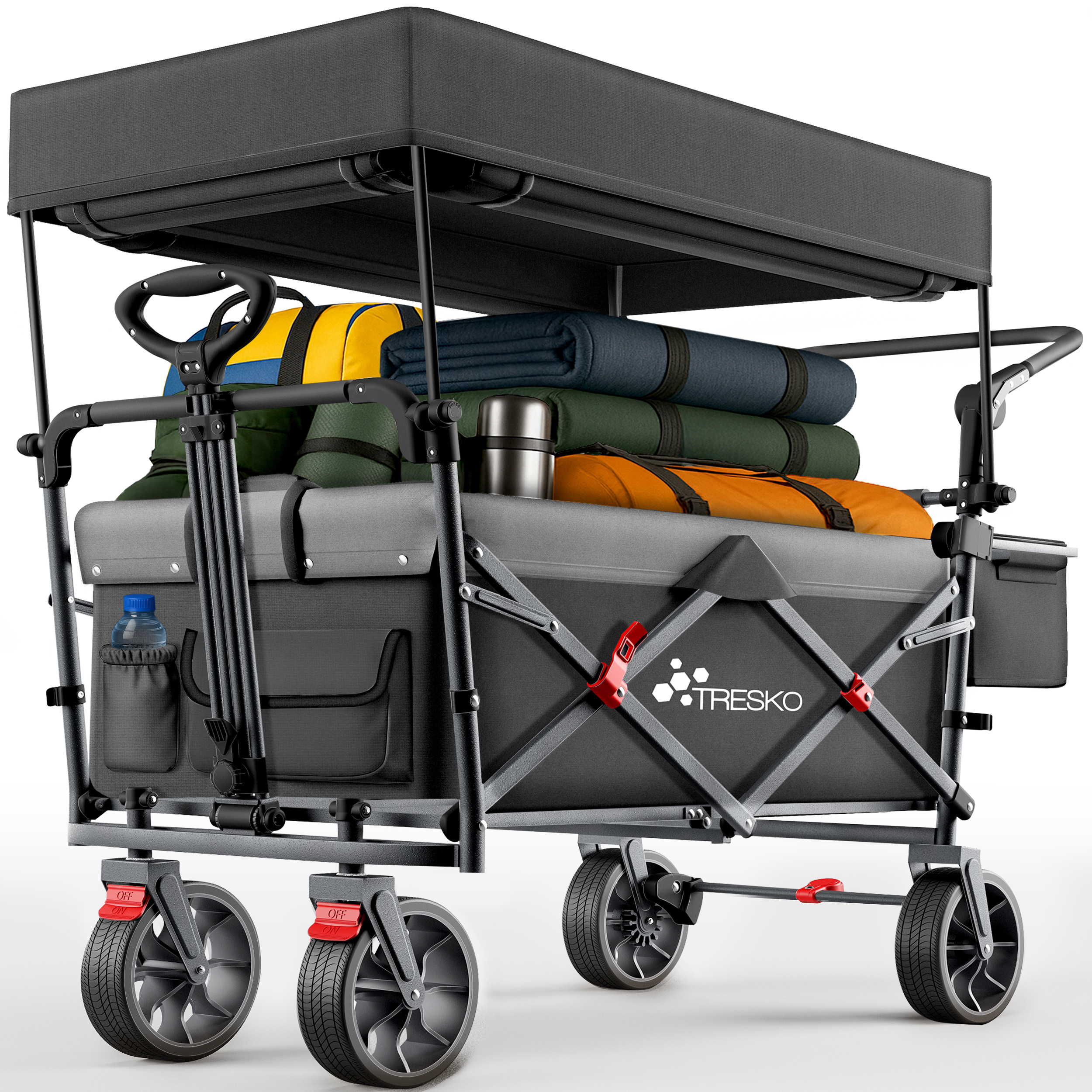 Image of Tresko® Foldable Handcart With Roof, Cooling Compartment & Side Roller Blinds | Max. Load Capacity Up To 150kg | Xxl Transport Cart With Parking Brakes (front & Rear) For Pushing And Pulling