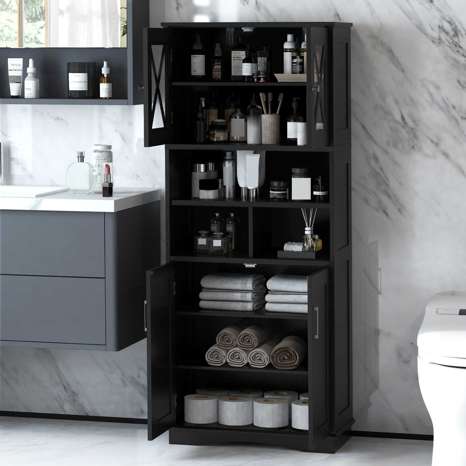 Image of Tall Bathroom Cabinet, Freestanding Storage Cabinet With Acrylic Doors And Adjustable Shelves, 3 Open Compartments