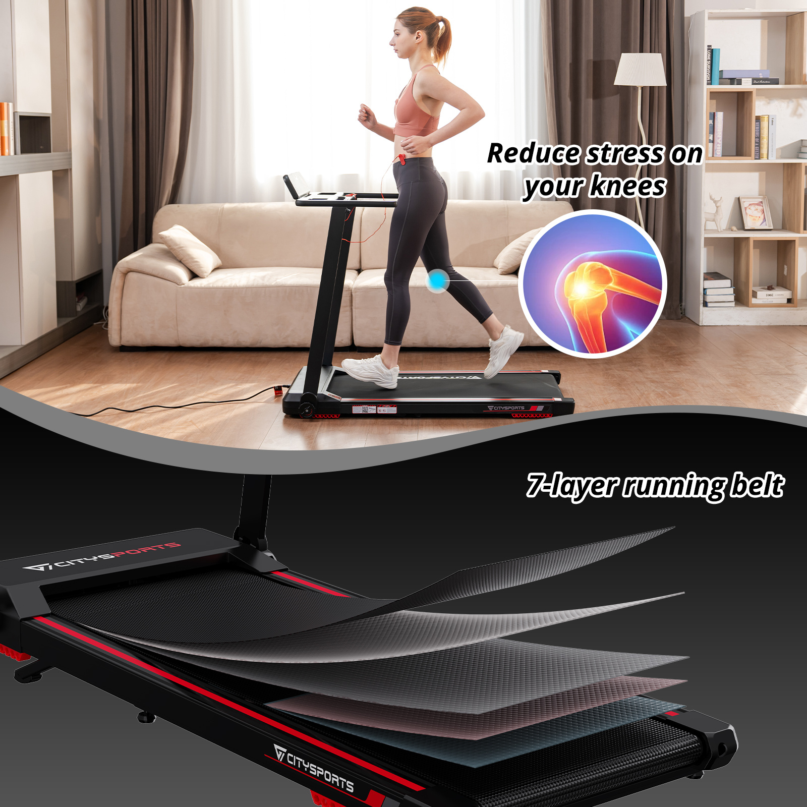 CITYSPORTS Folding Treadmill, Under Desk Walking Pad, Portable Treadmill for Home, 1-12km/h, 7.7% Incline, LED Display
