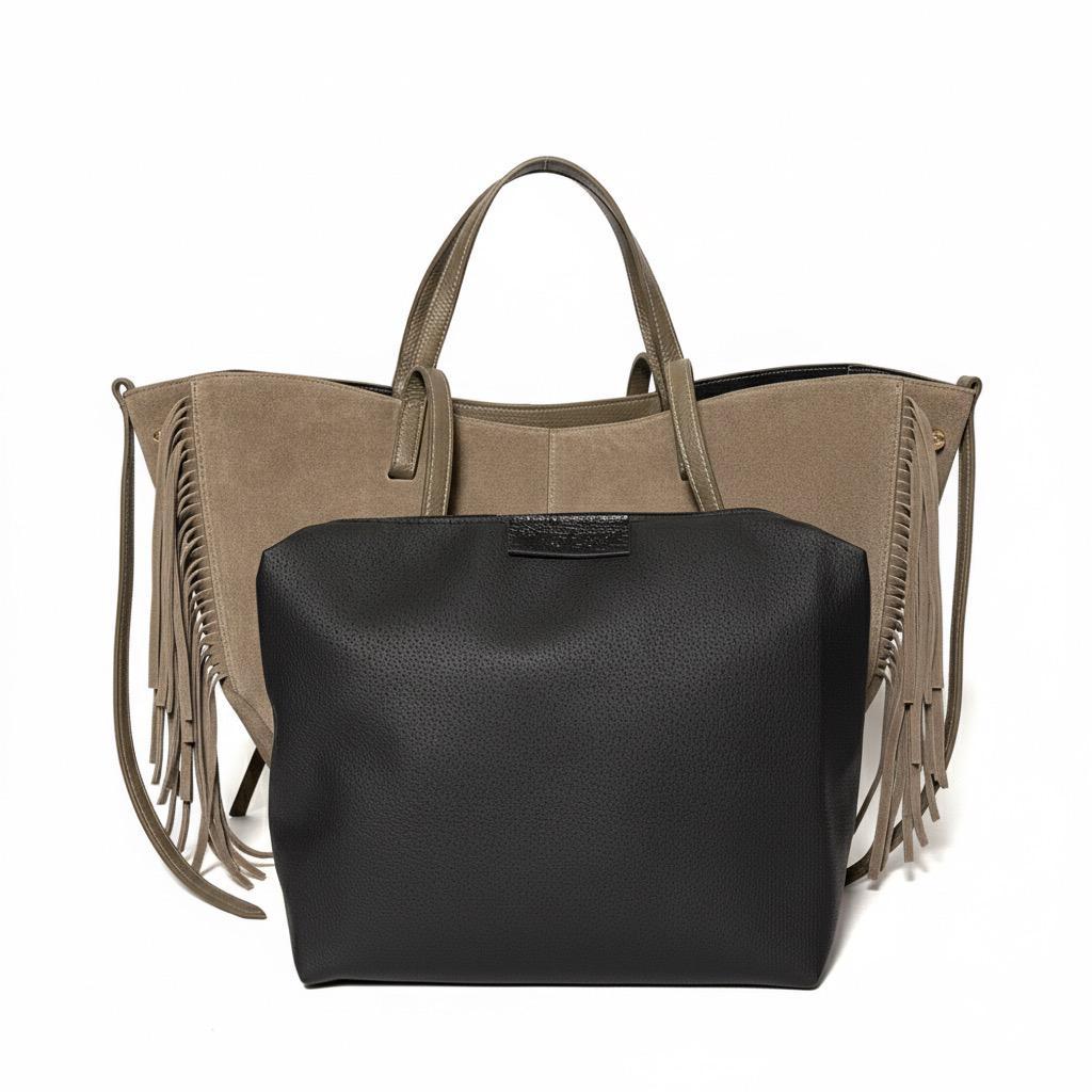 Women'S Fringed Leather Shopping Bag - Elegant, Spacious, with Double Handles And Adjustable Side Buttons