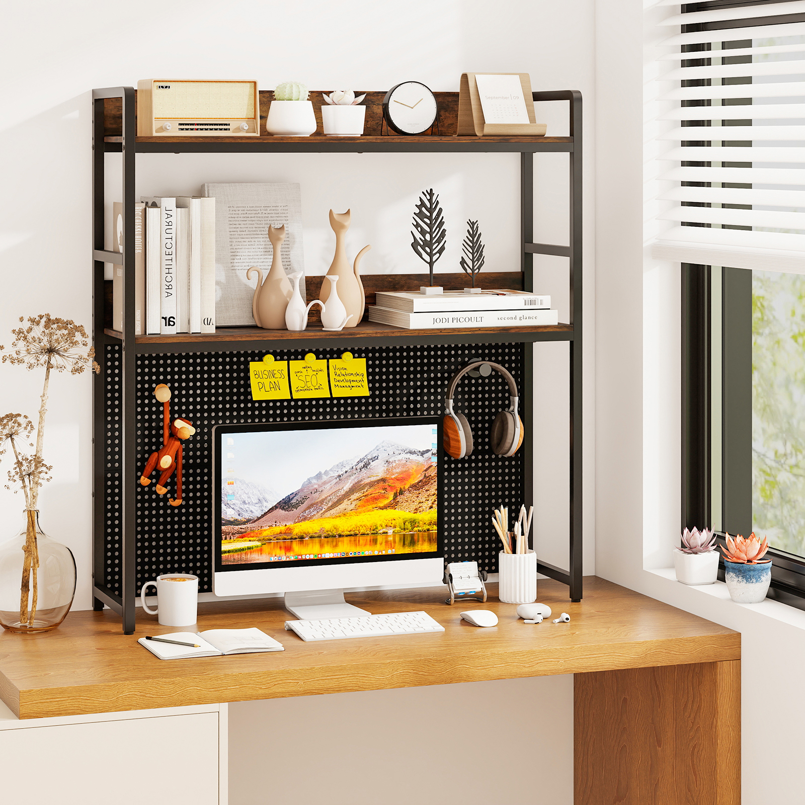 Countertop Desktop Bookshelf With Metal Pegboard, Storage Display Shelf Multifunctional Freestanding Storage Rack For Home Office
