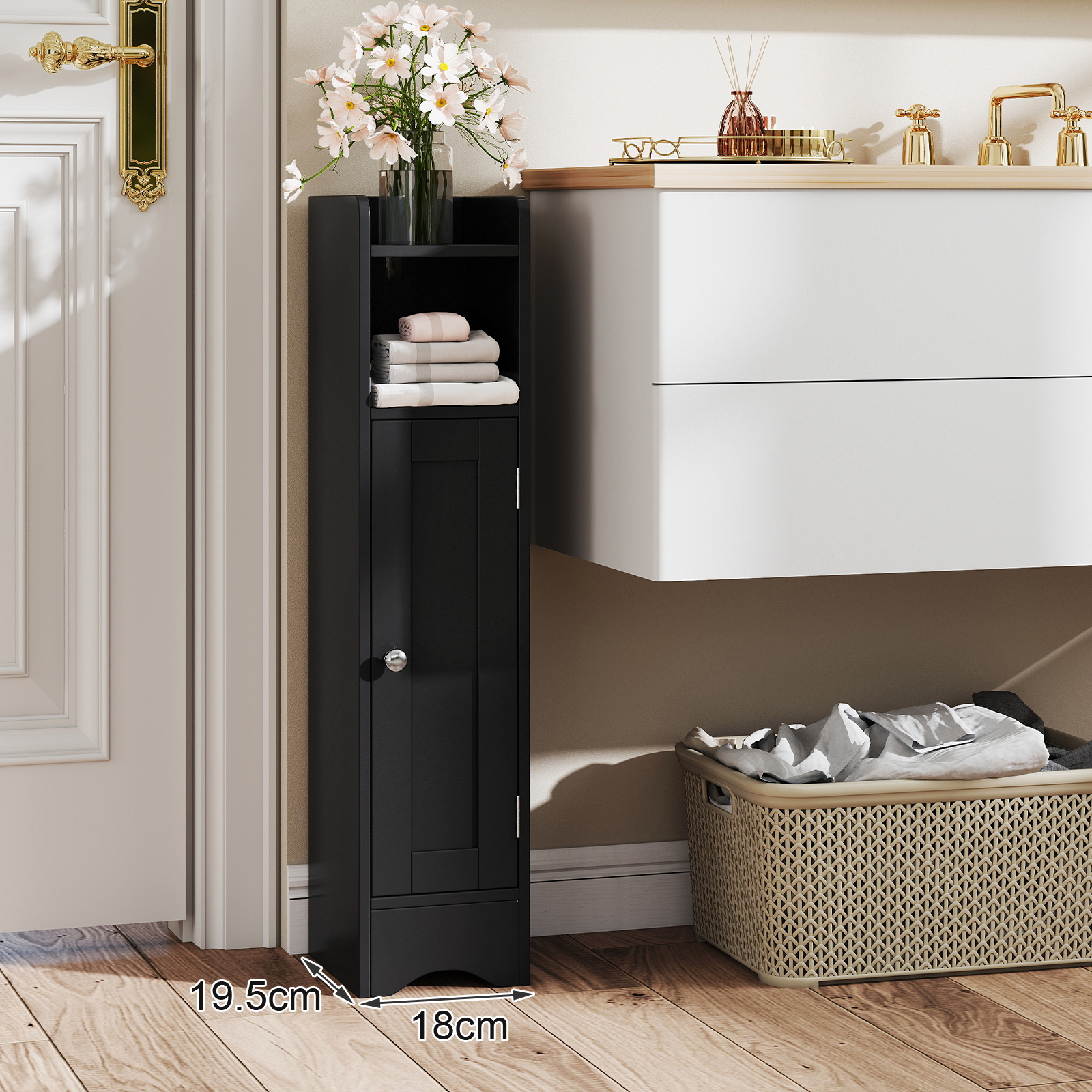 Bathroom Storage Cabinet With Door, Toilet Paper Holder Stand With Adjustable Shelves And Open Compartment