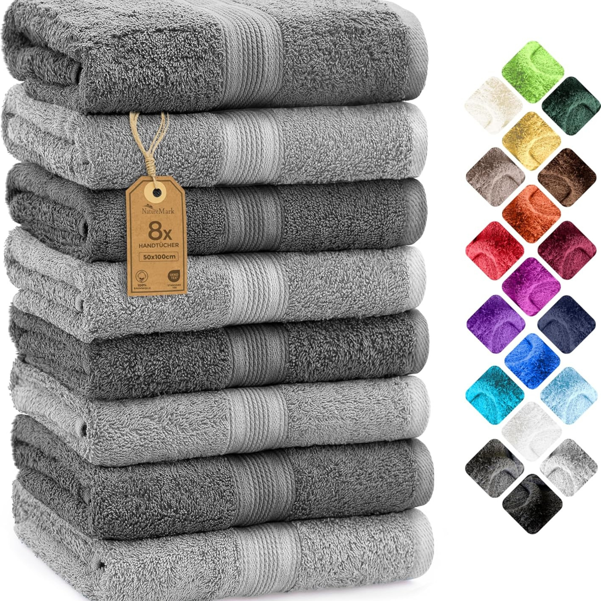 Naturemark 8pcs Set Oftowels In /silvery Color With Hanging Loop, Soft And For The Skin, For The Bathroom.