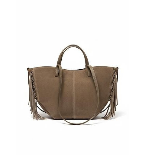 Women'S Fringed Leather Shopping Bag - Elegant, Spacious, with Double Handles And Adjustable Side Buttons