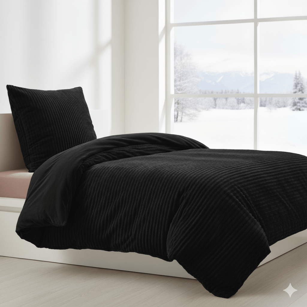 Image of Cord Plush Warm Fluffy Bedding Set 135x200, 155x220, Black Reversible Duvet Cover With Cashmere Touch, Pillowcase 80x80 Cm, Winter Fleece Bedding With Zipper