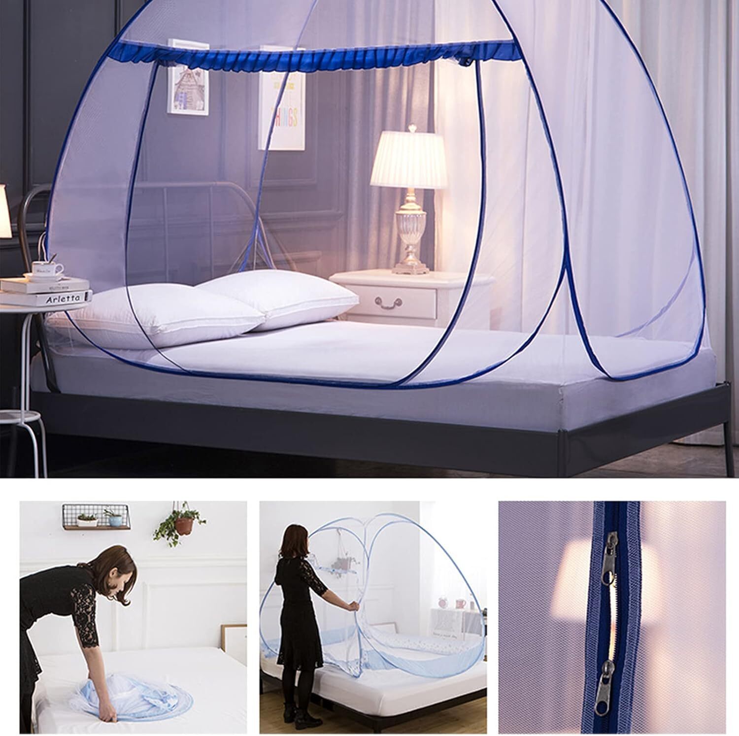 Pop-Up Mreža za Krevet protiv Komaraca, 360° Zaštita od Insekata, Sklopiva i Prozračna s Dvostrukim Vratima (200×180×145 cm)