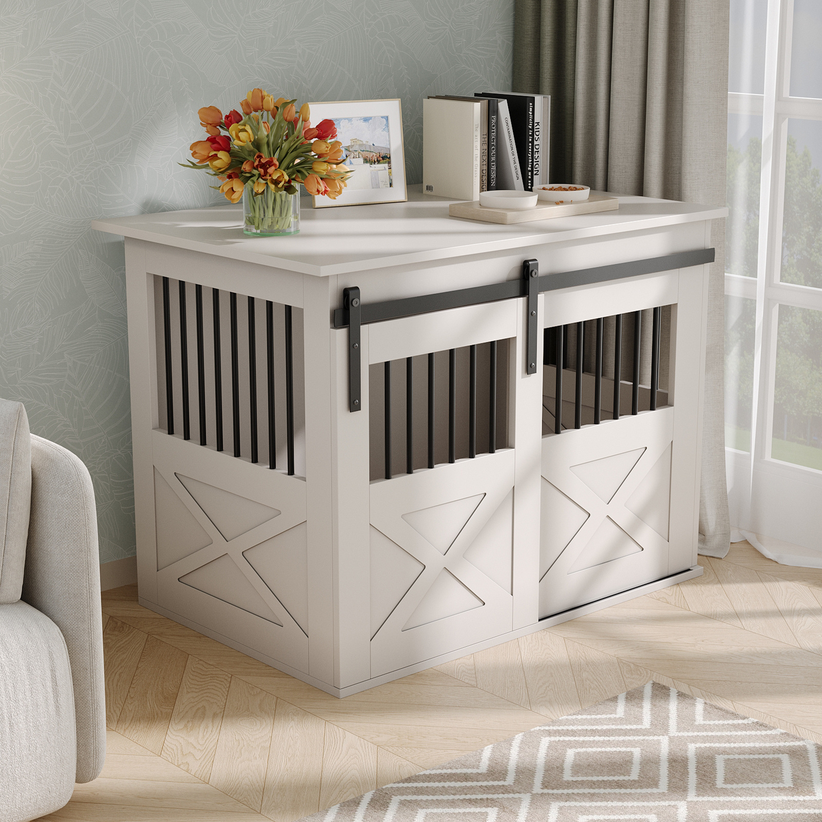 TEMU Dog Cage, Dog Crate Furniture, Sliding Doors Wooden Dog Crate, Furniture Style Pet Crate, Indoor Kennel, End Side Table Wooden Animal Crates For