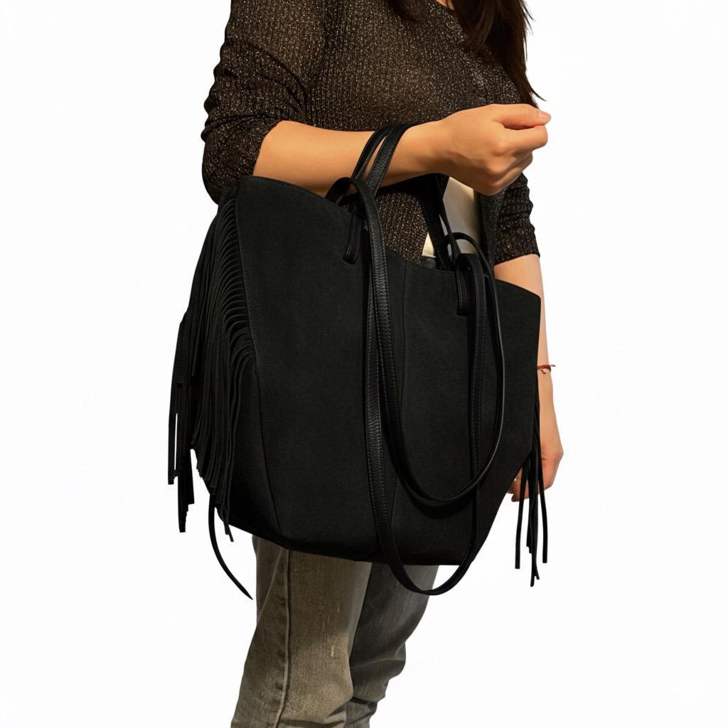 Women'S Fringed Leather Shopping Bag - Elegant, Spacious, with Double Handles And Adjustable Side Buttons