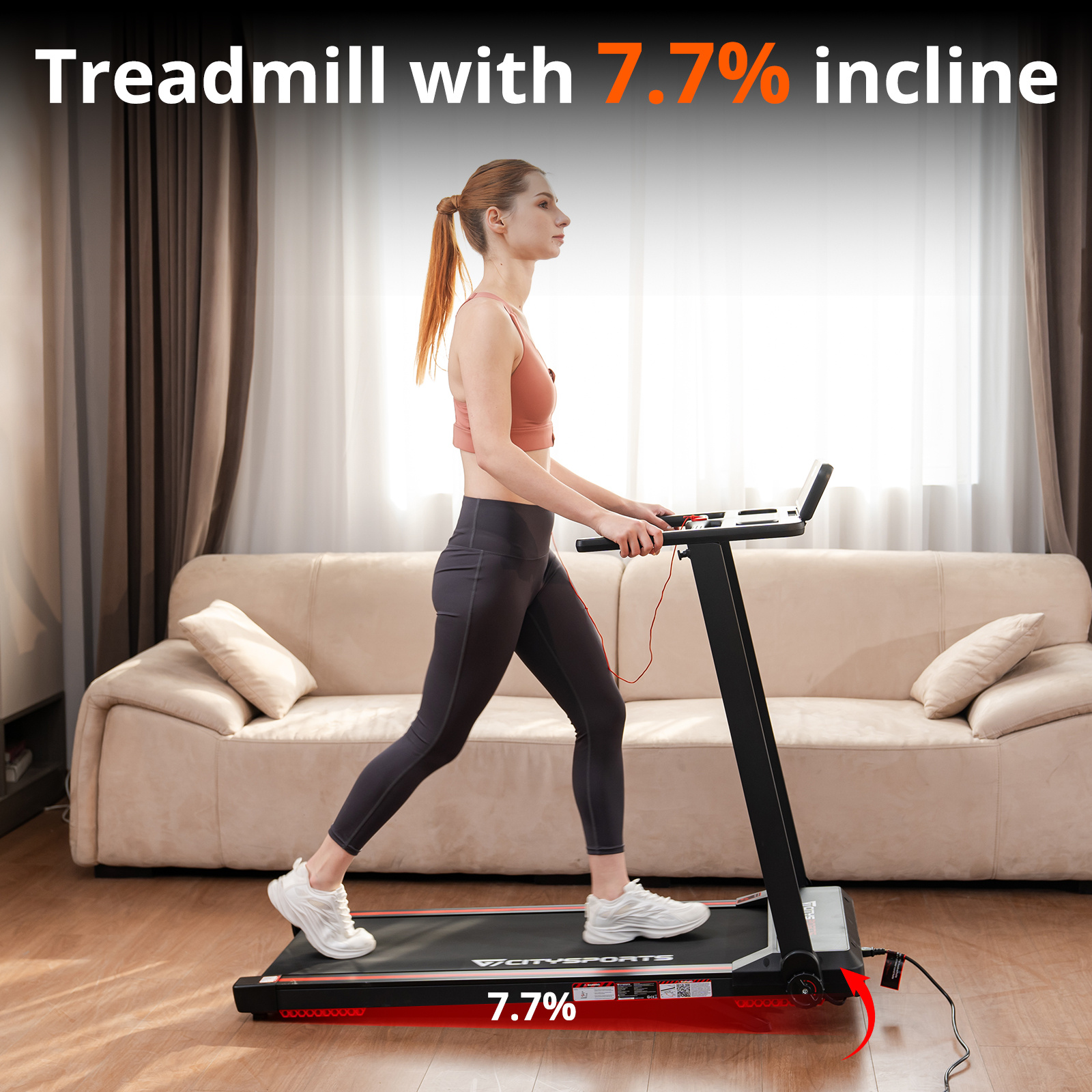 CITYSPORTS Folding Treadmill, Under Desk Walking Pad, Portable Treadmill for Home, 1-12km/h, 7.7% Incline, LED Display